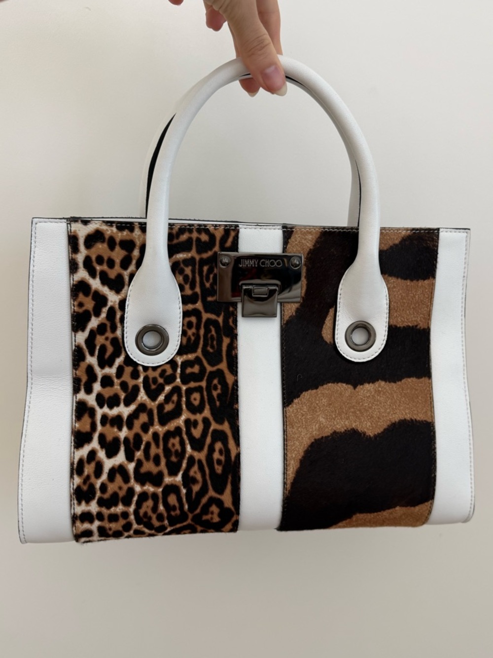 Jimmy Choo NWT Riley M Pony Hair Patchwork Leopard Tiger Leather Top Handle Bag